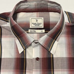 Marc Ecko Cut & Sew Shirt Mens XXL Red Gray Plaid Button Short Sleeve Casual